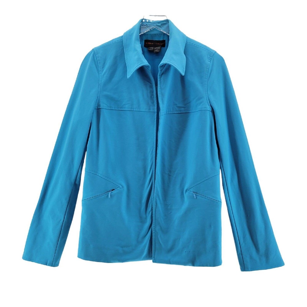 Nina‎ Mclemore Stretch Knit Jacket Turquoise Blue Open Front Size 8 Needs TLC